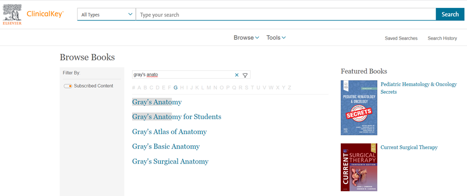 clinicalkey browse books screen